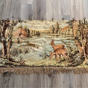 Vintage Scenic Deer Tapestry in Green and Brown